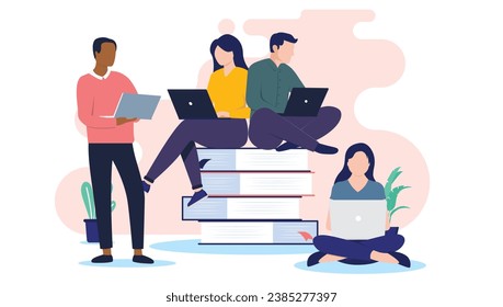 Student and education group - Team of people studying and doing school work using computers and sitting on stack of books. Flat design vector illustration with white background