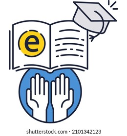 Student education online technology vector icon. School training course concept. Open book with academic hat and stretching hand. Elearning and graduation