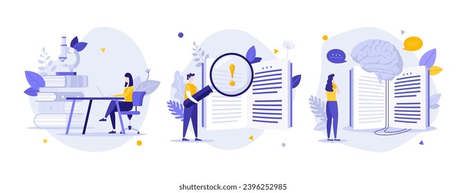 Student education sources flat concept vector illustrations set. Learning collage knowledge from books cartoon composition. Studying information for tests idea for website, mobile, presentation