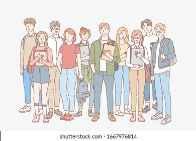 Student, education, study, college set concept. Group of young men, women students friends teenagers together. University and college life. Education, learning, study process. Simple flat vector