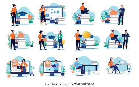 Student and education vector collection - Set of studying illustration with people reading, using computers and studying online and together. Flat design with isolated white background