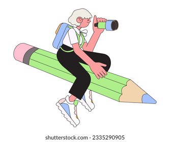 Student from elementary or middle school in search for knowledge. Cheerful pupil with binocular fly on pencil. Cartoon outline girl character. Back to school or educational process concept.