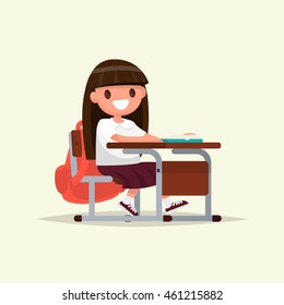 Student elementary school. The schoolgirl sits at a school desk. Vector illustration of a flat design