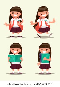Student elementary school set. Schoolgirl welcomes, walking, reading a book. Vector illustration of a flat design