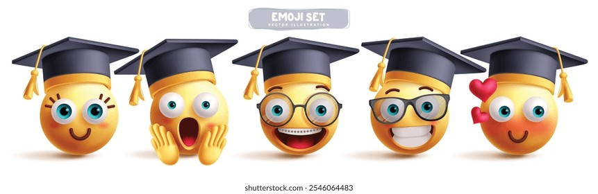 Conjunto de Vectores de personajes de emoji de estudiante. Emojis graduados de la escuela personajes de arte de Clip en feliz, conmocionado, emocionado, sonrojado, tirantes sonrientes e inteligente colección de sombrero de tablero de mortero. Ilustración vectorial 