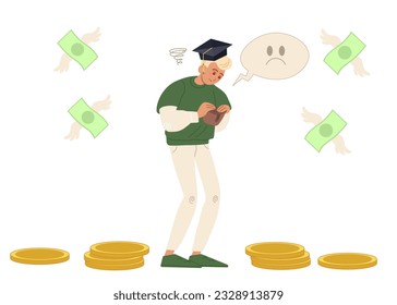 Student with empty wallet. Upset guy has no money. Finance problems concept. Vector illustration in cartoon style.
