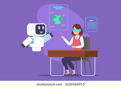 Student engaged with friendly robot in classroom setting. Educational materials displayed, highlighting unique learning experience
