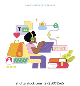 Estudiante participando con contenido educativo en una computadora portátil a través de la gamificación. La Ilustración vectorial muestra herramientas digitales, caminos de progreso y Elementos interactivos en el aprendizaje.