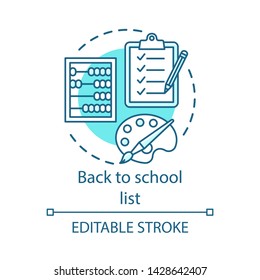 Student equipment list concept icon. Studies preparation idea thin line illustration. School supplies check. Checklist, abacus and brush with palette vector isolated outline drawing. Editable stroke