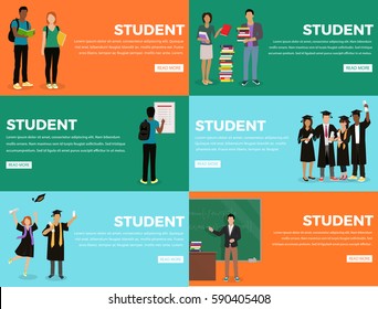 Student everyday life process colourful web banner with orange, green and blue backgrounds. Students holding books, looking at schedule, standing near blackboard and graduating from university