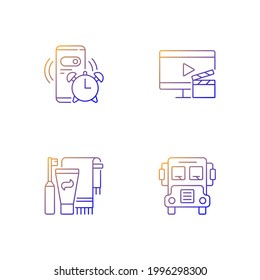 Student everyday routine gradient linear vector icons set. Alarm clock for morning. Daily schedule. Thin line contour symbols bundle. Isolated vector outline illustrations collection