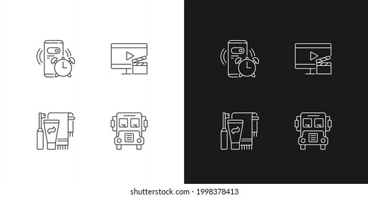 Student everyday routine linear icons set for dark and light mode. Alarm clock for morning. Daily schedule. Customizable thin line symbols. Isolated vector outline illustrations. Editable stroke