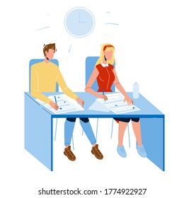 Student Exam Write On Paper Answer Sheet Vector. Student Boy And Girl Sitting At Table And Write Test In Classroom. Characters School Or University Education Flat Cartoon Illustration