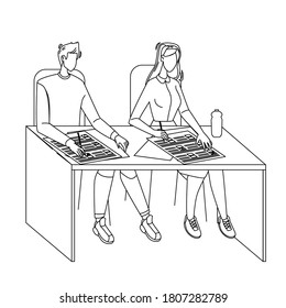 Student Exam Write On Paper Answer Sheet Black Line Pencil Drawing Vector. Student Boy And Girl Sitting At Table And Write Test In Classroom. Characters School Or University Education Illustration