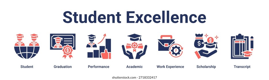 Concepto de Ilustración vectorial de ícono de Web de Anuncio de excelencia estudiantil para educación con ícono de estudiante, graduación, rendimiento, académico, experiencia laboral, beca.