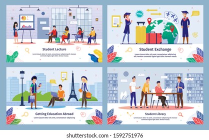 Student Exchange Program, College Lectures Courses, Abroad Education, University Library Services Trendy Flat Vector Banner, Poster Template Set. Studying Female, Male Students Characters Illustration