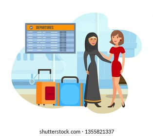 Student Exchange Program Flat Color Illustration. Businesswoman and Arabic Woman Cartoon Characters. Female Entrepreneur in Dress Talking to Girl in Abaya and Hijab. International Tourism, Travel