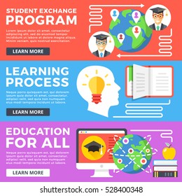 Student exchange program, learning process, education for all flat illustration concepts set. Flat design graphics for web banner, printed materials, web site, infographics. Modern vector illustration