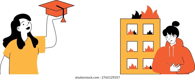 A student excited about graduation while another worries about burning school building in background