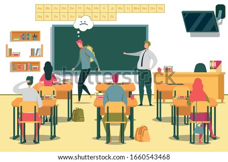 Student is Expelled from Office Flat Cartoon Vector Illustration. Pupils Sitting at Desks with Books. At Tables are backpacks, Bags Hanging on Chairs. Teacher Points with his Finger to Door.