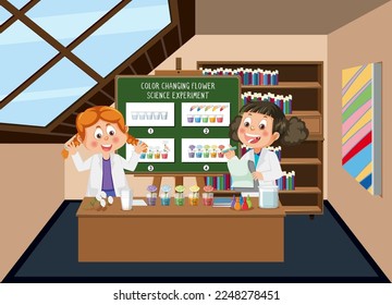 Estudiante explicando el cambio de color en la ilustración del experimento de la flor