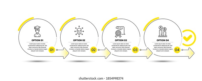 Student, Face biometrics and Certificate line icons set. Timeline process infograph. Ab testing sign. Graduation cap, Facial recognition, Certified file. Test chart. Science set. Vector