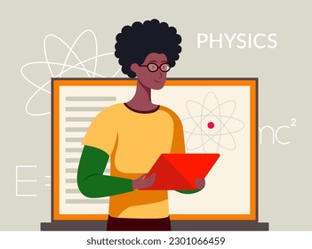 estudiante de la facultad de física, ciencia, educación, especialidad, educación superior, universidad, instituto, profesor, enseñanza, tutoría, tutor, ilustración plana vectorial, tono de piel oscura