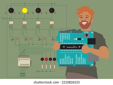 A Student Of The Faculty Of Radio Engineering Against The Background 
Of An Electrical Circuit
Holds In His Hands An Arduino Uno Electronic Circuit Board Running Under
The Control Of A Microcontroller