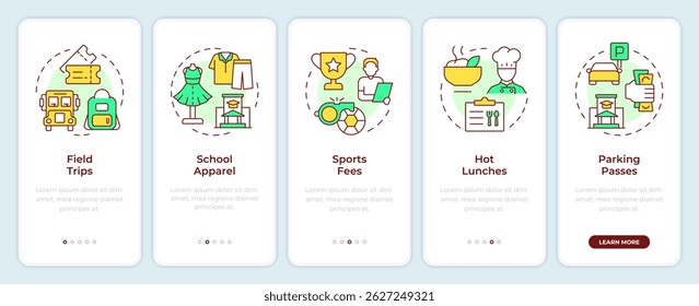 Student fees onboarding mobile app screen. Trips, services. Walkthrough 5 steps editable graphic instructions with linear concepts. UI, UX, GUI