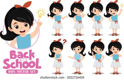 Student female character in different poses doing educational activity like presenting, talking and thinking. Flat cartoon funny style vector illustration isolated on white background.