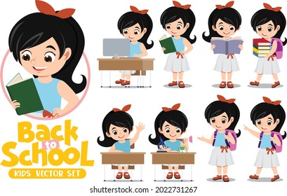 Student female character in different poses doing educational activity like reading ,experimenting and using computer. Flat cartoon funny style vector illustration isolated on white background.