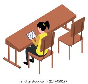 Student female character in library reading book sitting at table, woman in bookshop or school room. Girl get education, read literature, studying lesson in notebook, doing homework in university