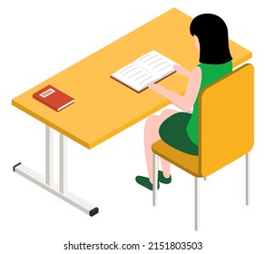 Student female character in library reading book sitting at table, woman in bookshop or school room. Girl get education, read literature, studying lesson in notebook, doing homework in university