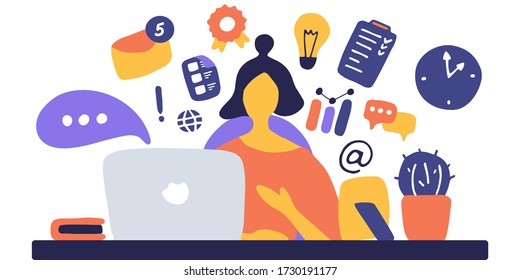 Student Female Character Study At Computer. E-learning, Online Education, Blogger, Volunteer Concept. Hand Drawn Vector Illustration