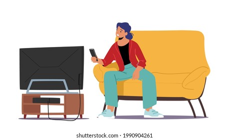 Student Female Character Watching Tv Set in Dormitory. Young Woman with Remote Control in Hand Sitting on Couch front of Television. Spare Time, Leisure, Home Relax. Cartoon People Vector Illustration