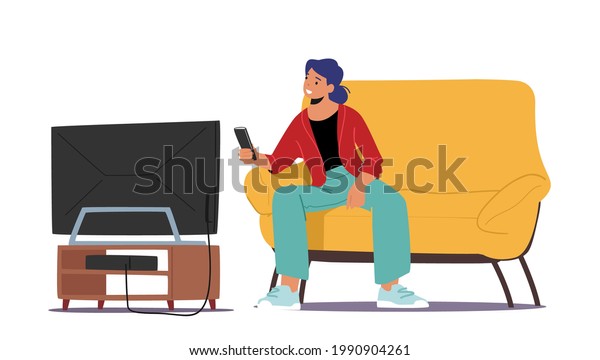 Student Female Character Watching Tv Set Stock Vector (royalty Free 