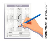 Student filling out answers to exam test answer sheet with pencil. Flat style vector illustration isolated on white background.