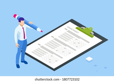 The student filling out answers to exam test answer sheet with a pencil. Education concept. Isometric vector illustration