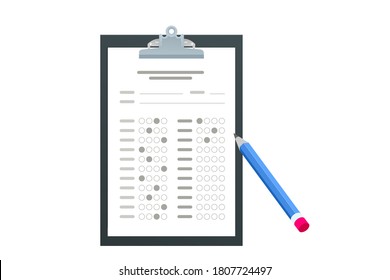 The student filling out answers to exam test answer sheet with a pencil. School and Education. Test score sheet with answers