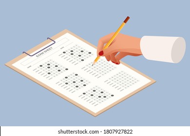 The student filling out answers to exam test answer sheet with a pencil. Education concept. Isometric vector illustration