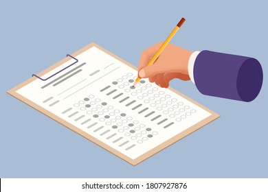 The student filling out answers to exam test answer sheet with a pencil. Education concept. Isometric vector illustration