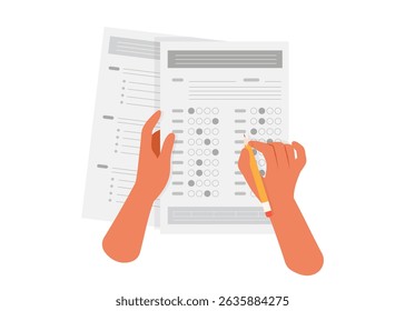 The student filling out answers to exam test answer sheet with a pencil. School and Education. Test score sheet with answers stock illustration