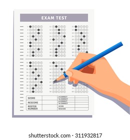 Student filling out answers to exam test answer sheet with pencil. Flat style vector illustration isolated on white background.