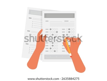 The student filling out answers to exam test answer sheet with a pencil. School and Education. Test score sheet with answers stock illustration