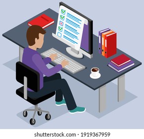Student fills out questionnaire on keyboard. Male character checking test. Online exam concept. Man is typing while looking on screen. Guy sits at workplace and studies form with answers to give grade