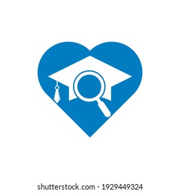 Student finder heart shape concept vector logo template. Graduate Hat and Magnifying Glass logo design.