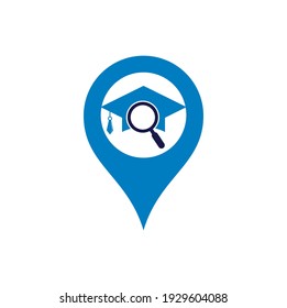 Student finder map pin shape concept vector logo template. Graduate Hat and Magnifying Glass logo design.