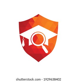 Plantilla de logotipo vectorial del concepto de forma del escudo de estudiantes. Diseño del logotipo de Sombrero graduado y vidrio de aumento