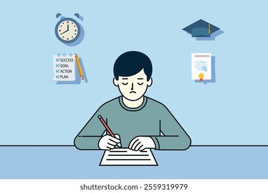 Student focused on writing, symbolizing education, exams, academic success, goals, planning, achievement, hard work, learning, certification, graduation, time management, and career growth concept