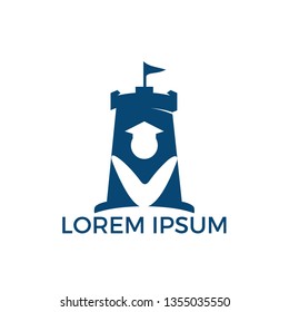 Student and fort combination logo design. Tower and market symbol or icon. Unique bookstore, institution,  library and fortress logotype design template. 